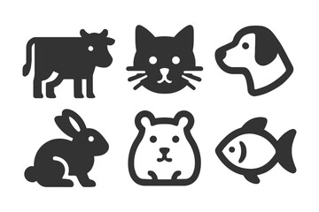 Silhouette icons of cow, cat, dog, rabbit, hamster, and fish for pet and farm use.