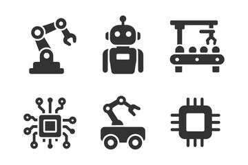 Robotics and automation icons: robot, arm, microchip, production line graphics.