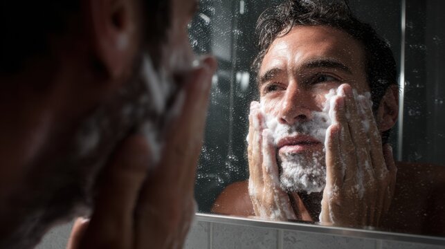 Man washing face with foam in bathroom mirror - Powered by Adobe