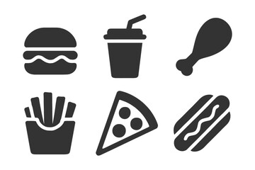 Fast food icons set: burger, soda, chicken, fries, pizza, hot dog.