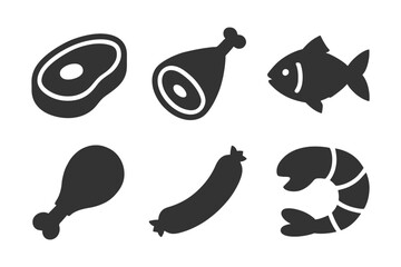 Black silhouette icons of meat and seafood: steak, ham, fish, drumstick, sausage, shrimp.