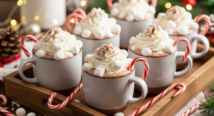 Hot chocolate cups topped with whipped cream and marshmallows, arranged on a wooden tray with candy canes, creating a cozy festive atmosphere for winter celebrations