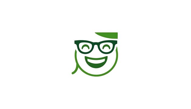 Abstract green face with glasses smiling, outlined in light green, set against a white backdrop - Powered by Adobe