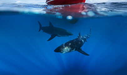 Great White Shark in clear blue ocean water, underwater shot at Mexico in Pacific ocean Isla Guadalupe
