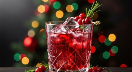Refreshing red cocktail in a crystal glass with ice, garnished with cranberries and rosemary, set against a festive bokeh background of colorful lights