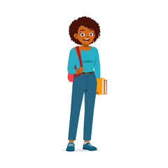 African American young girl standing carrying books and wearing bag smiles happily