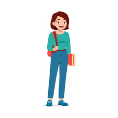 Happy young student girl standing holding books and wearing a bag illustration