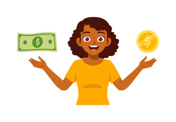 Happy African Woman Presenting Dollar Bill and Gold Coin with Smiling Face Expression