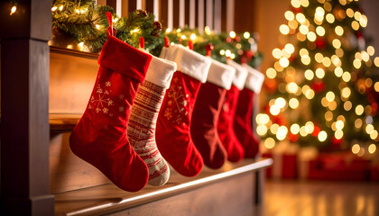 A festive holiday scene of Christmas stockings hung in a row on a stair railing with garland lights glowing