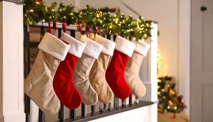A festive display of Christmas stockings hanging neatly on a stair railing, beautifully illuminated by sparkling garland lights, creating a warm holiday ambiance indoors