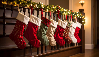 A warm, inviting row of Christmas stockings hanging on a banister, with festive lights reflecting a cozy holiday atmosphere
