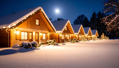 Charming wooden cabins glow with warm string lights, nestled in pristine snow under a luminous full moon, evoking a tranquil and picturesque winter night landscape