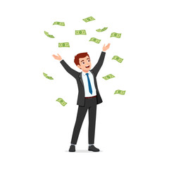 Happy Caucasian Businessman Celebrating Success with Money Falling Illustration