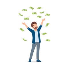 Happy Caucasian Man Throwing Money in Air Celebrating Success and Achievement Illustration