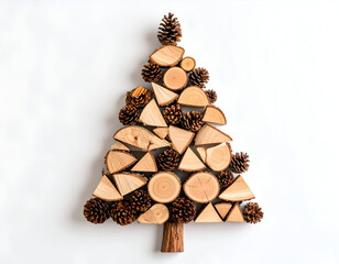 A creative Christmas tree made from natural wood slices, logs, and pine cones, arranged on a flat white background
