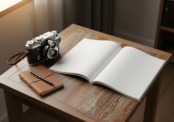 Open magazine on wooden side table beside vintage camera and notebook, travel-inspired rustic daylight setup