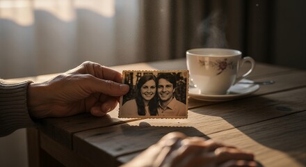 Hands holding old photograph of two smiling women with a steaming cup of coffee on a wooden table.