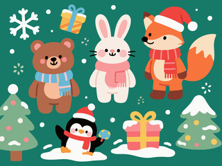 Kawaii Winter Scrapbooking Pack: Holiday Stickers with Animals, Santa Hats, and Snow