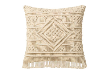 Beige macrame throw pillow with tasseled fringe on transparent background