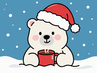 Cute Kawaii Polar Bear Drinking Hot Chocolate in Santa Hat Vector