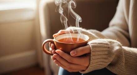 Warm beverage held in hands, steam rising from a cozy cup, soft light illuminating a comfortable indoor setting, evoking a sense of relaxation and tranquility