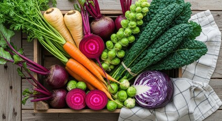 Fresh assortment of colorful vegetables including carrots, beets, kale, and cabbage arranged in a wooden crate on a rustic wooden surface, showcasing healthy eating and farm-to-table concept