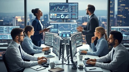 Financial analysts team collaborating on stock market data in a modern office setting, overlooking - Powered by Adobe