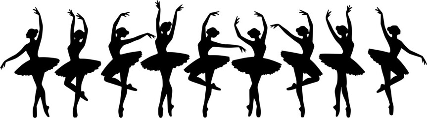 A group of graceful silhouettes of ballerinas dancing in various poses on a transparent background [with space for text]
