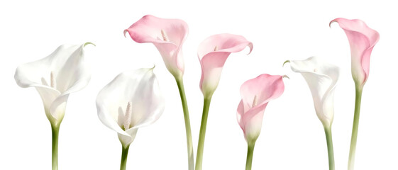 Realistic Calla Lily flower set with soft white and pink variations isolated on clean transparent background, elegant floral element collection
