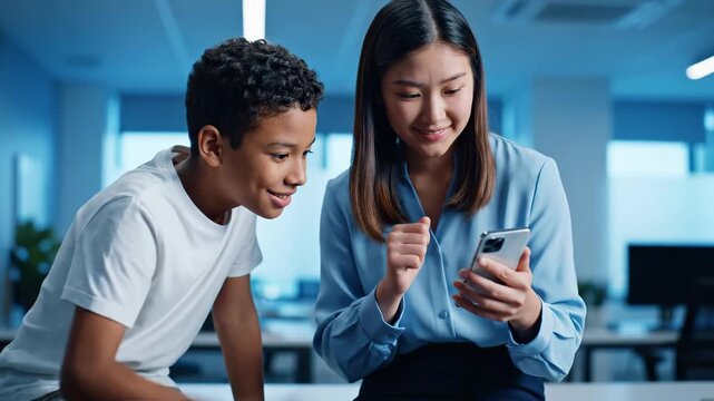 Diverse students with smartphone show modern education and technology this is a very collaborative and focused learning moment this is a great teamwork and communication concept