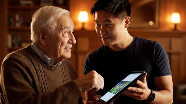 Young asian man helps senior with tablet showing family care this is a very warm and patient teaching moment this is a great technology and communication concept this is a great family scene