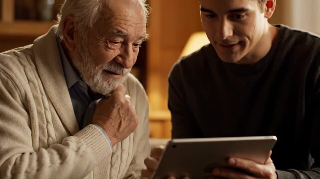 Young man helps senior with tablet showing family care this is a very warm and patient teaching moment this is a great technology and communication concept this is a great family scene