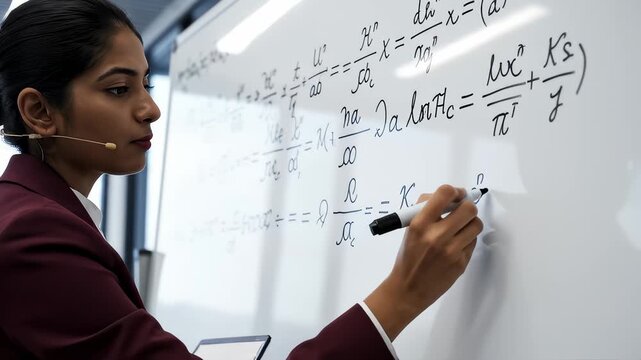 Woman Solving Complex Equation on Whiteboard in Office Setting