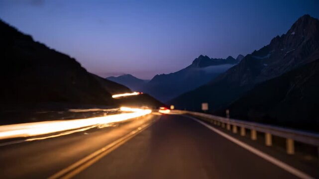 Night road in mountains with car light trails shows fast travel this is a very beautiful and dynamic journey this is a great speed and transportation concept this is a great landscape view