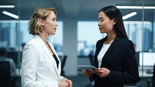 Two businesswomen in modern office discuss project showing professional corporate teamwork this is a serious and successful communication this is a great partnership concept