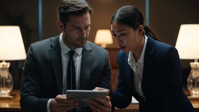 Business couple in hotel lobby discuss project on tablet showing professional corporate teamwork this is a very focused and successful meeting this is a great communication concept
