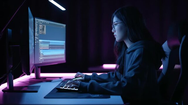 Asian woman works on computer at night showing modern creative job this is a very focused and professional designer this is a great technology and cyberpunk concept this is a cool scene