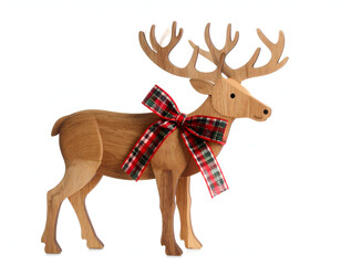 Rustic wooden reindeer figure with plaid bow, perfect for Christmas decorations. An elegant Christmas decoration idea