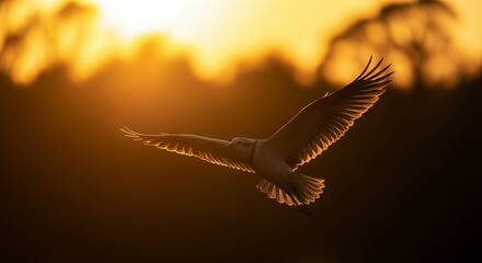 Majestic Eagle Soaring Gracefully Through Golden Sunset Sky.