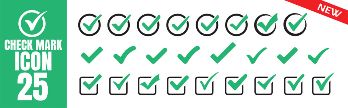 Green Check Mark and Checkbox Icon Collection. Check box icon with correct, accept checkmark icons tick box checked. Vector illustration 