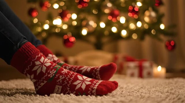 cozy christmas socks by festive tree