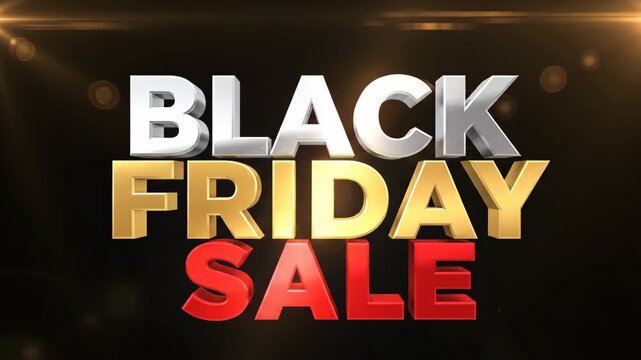 Dynamic Black Friday Sale promotional text in stunning 3D metallic letters. A perfect commercial advertisement intro for retail events. High-quality rendering Animation 4k