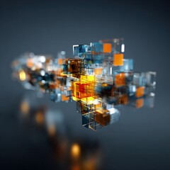 Abstract Geometric Composition Of Interlocking Transparent Cubes