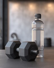 Black Dumbbells And Clear Water Bottle In Gym Interior