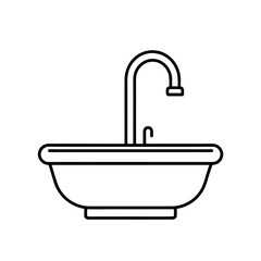 Outline drawing of a sink with a faucet and drain on transparent background