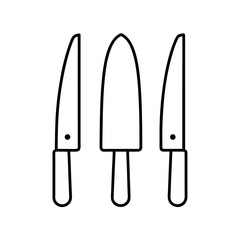 Three kitchen knives with different blade shapes line on transparent background