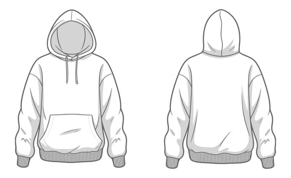 Technical flat vector illustration of unisex oversized pullover hoodie front and back view with drawstring hood kangaroo pocket ribbed cuffs and waistband for fashion design mockups