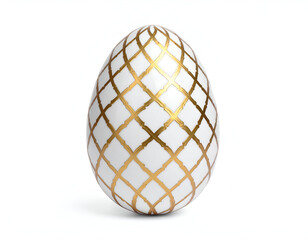 Elegant white decorative egg featuring an intricate golden lattice design, isolated on a clean white background