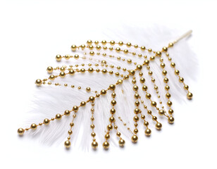 Luxurious white feather ornament adorned with delicate gold beading, creating a sparkling and elegant design, meticulously isolated on a pristine white background for a refined aesthetic