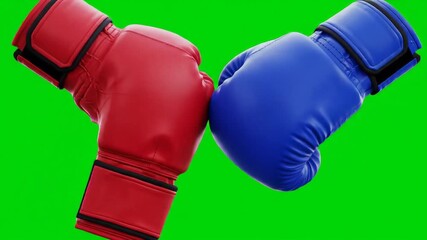 Dynamic closeup shot of two boxing gloves one red and one blue facing each other on a vibrant green screen symbolizing competition challenge and rivalry in sports or business contexts. - Powered by Adobe
